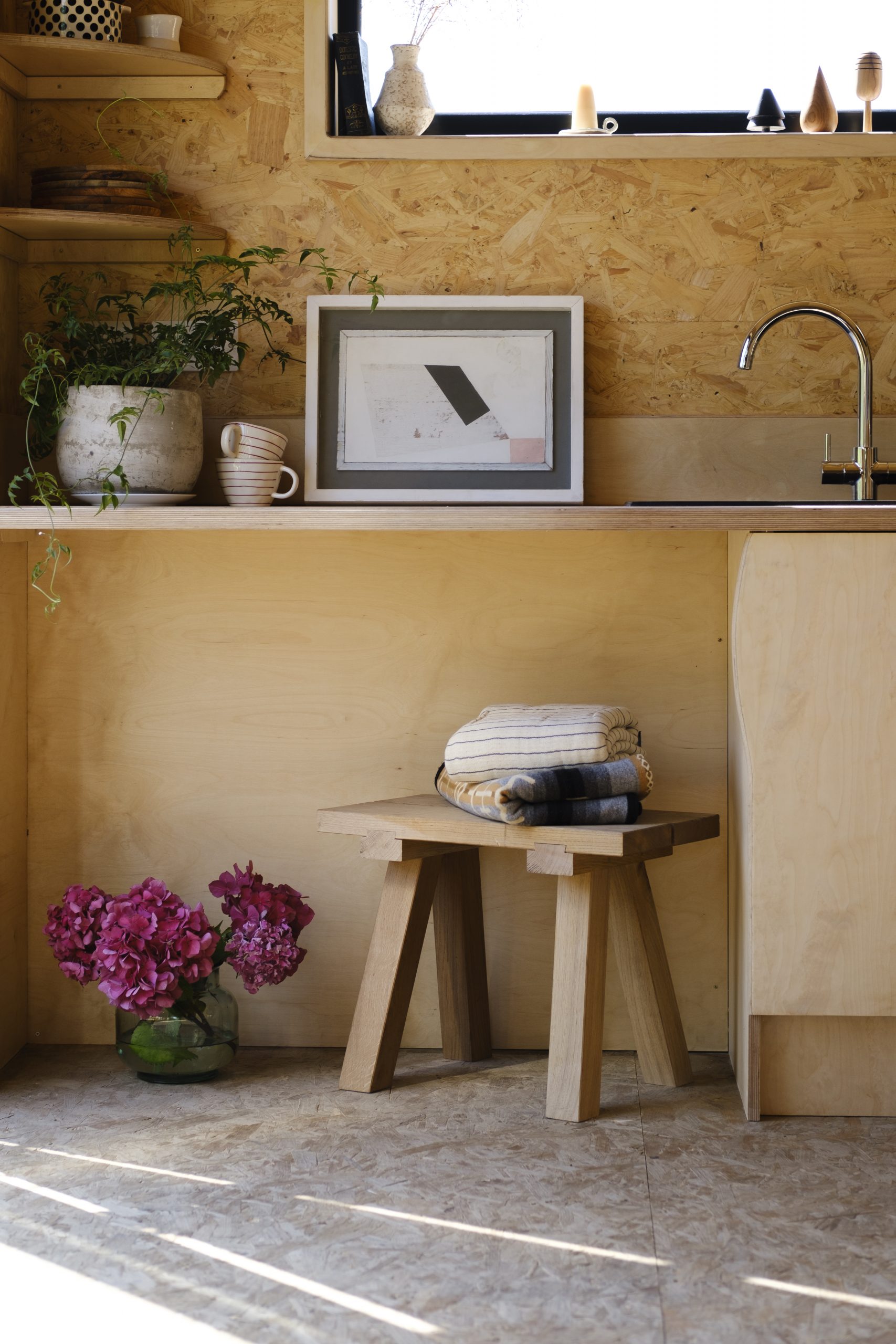 birch ply kitchen cupboard with curved handle detail