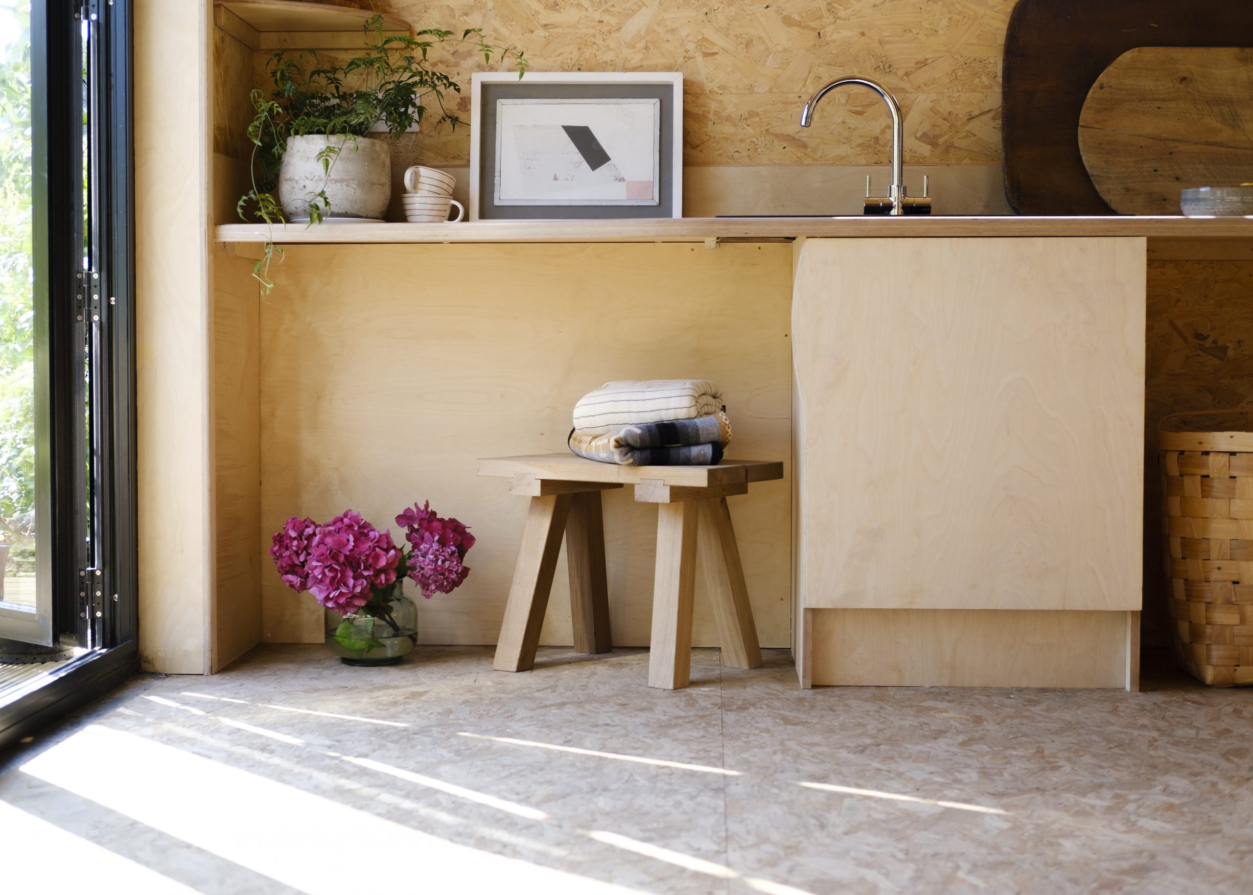 bespoke birch ply kitchenette with mena woodwork stool